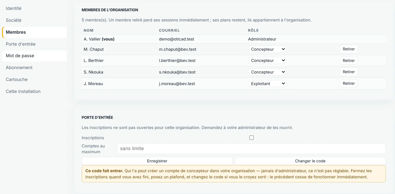 Les membres de l'organisation, leurs rôles, et la porte
                  d'entrée par code.